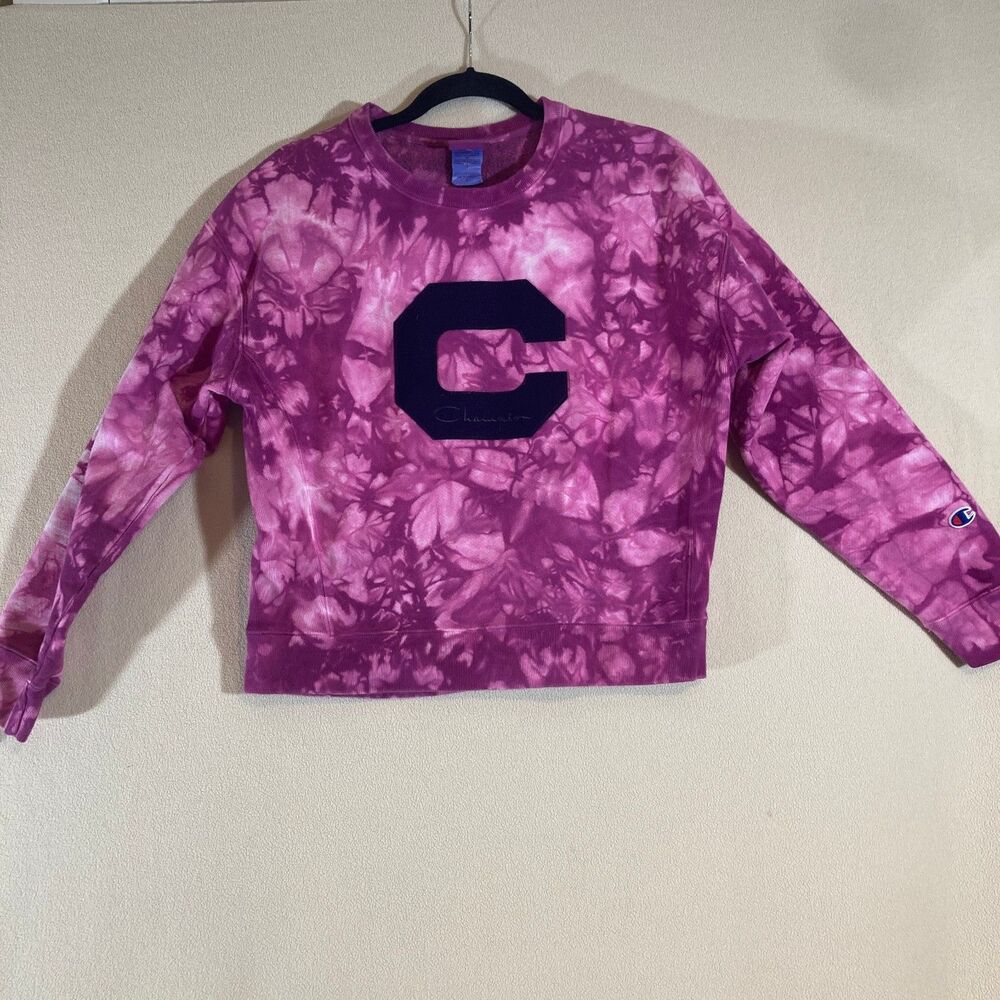 Champion Reverse Weave Crewneck Women's Large Pink Tie Dye Embroidered Big C